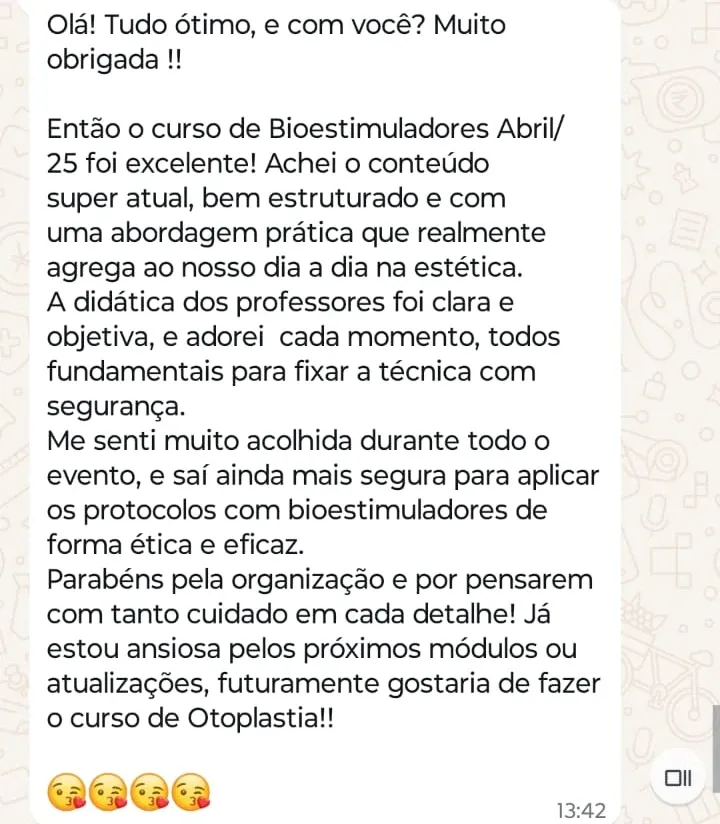 Print de WhatsApp com o depoimento de Aline Batista sobre o curso Bioestimuladores de Alta Performance