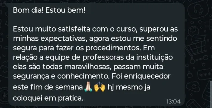 Print de WhatsApp com o depoimento de Anireli sobre o curso Bioestimuladores de Alta Performance
