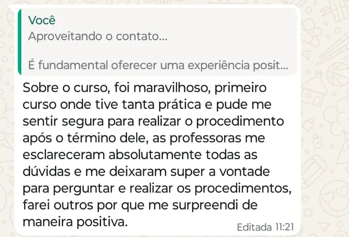 Print de WhatsApp com o depoimento de Juliana Maggioni sobre o curso Blefaroplastia com Laser e Resurfacing com CO2