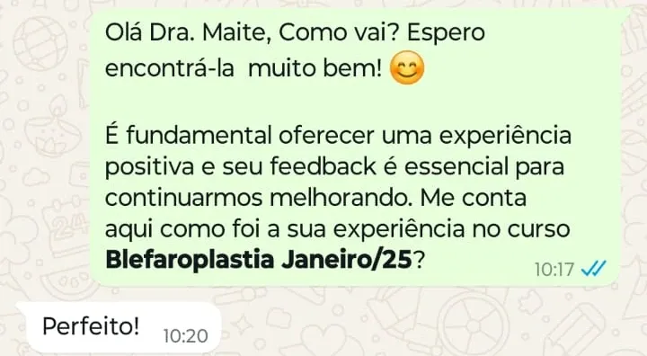 Print de WhatsApp com o depoimento de Maite Basso sobre o curso Blefaroplastia com Laser e Resurfacing com CO2