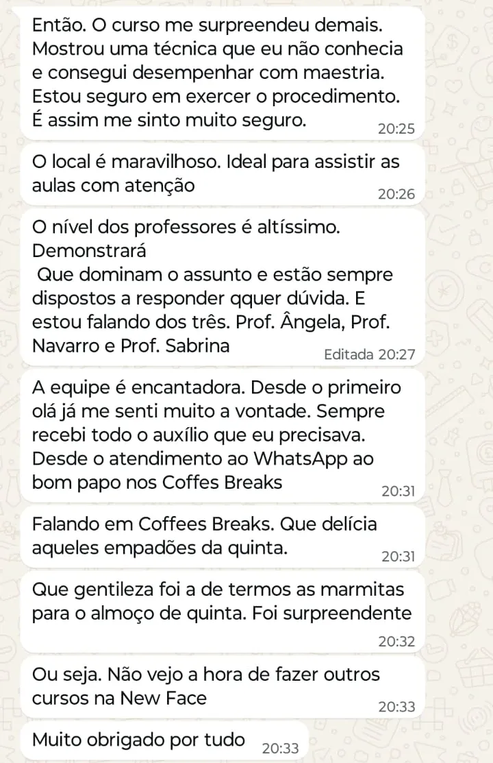 Print de WhatsApp com o depoimento de André Miquilussi sobre o curso Cervicoplastia