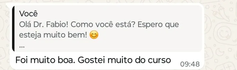 Print de WhatsApp com o depoimento de Fabio Fernandes sobre o curso Cervicoplastia