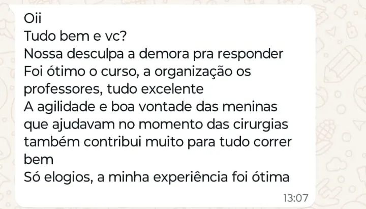 Print de WhatsApp com o depoimento de Juliana Rocha sobre o curso Cervicoplastia