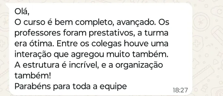 Print de WhatsApp com o depoimento de Larissa Kleine sobre o curso Cervicoplastia