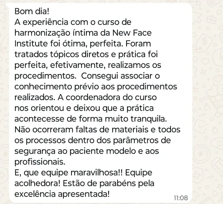 Print de WhatsApp com o depoimento de Maria sobre o curso Harmonização Íntima e Glútea