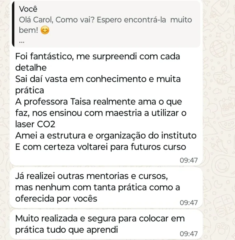 Print de WhatsApp com o depoimento de Caroline Machado sobre o curso Master Laser CO2 Fracionado