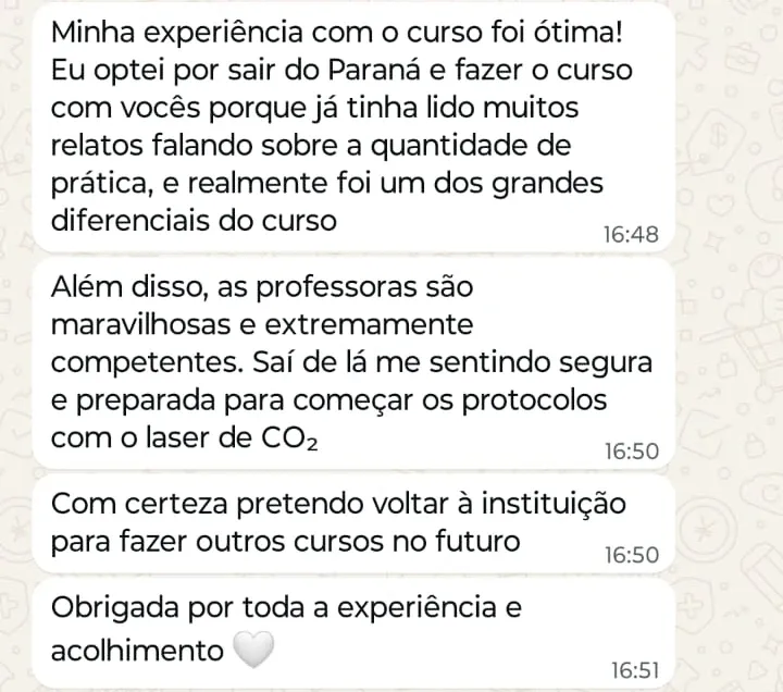 Print de WhatsApp com o depoimento de Isabela sobre o curso Master Laser CO2 Fracionado