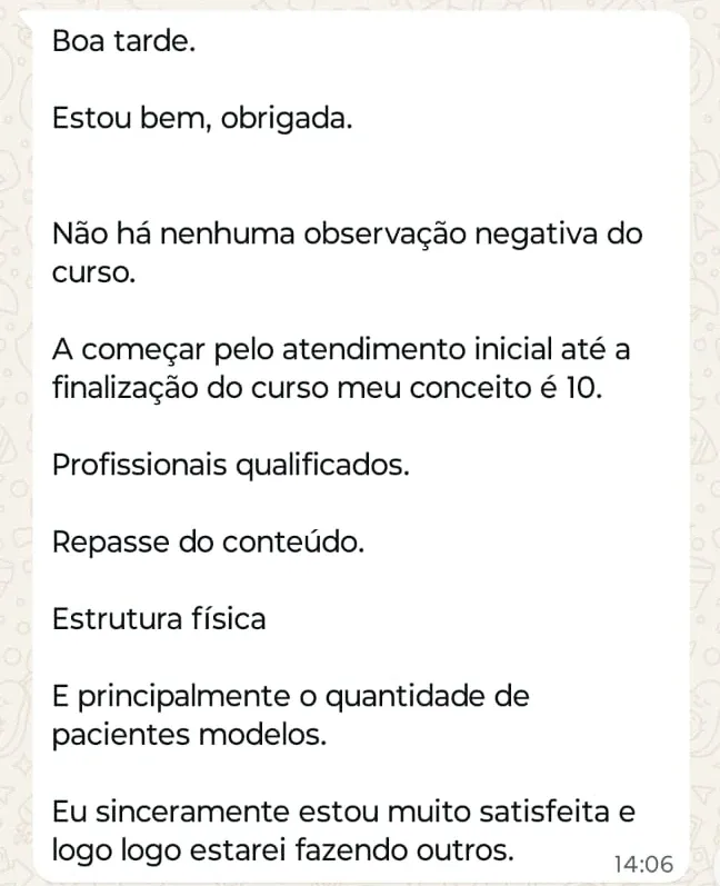 Print de WhatsApp com o depoimento de Lessandra Rufino sobre o curso Master Laser CO2 Fracionado