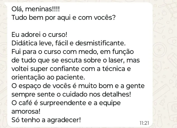 Print de WhatsApp com o depoimento de Susana Santin sobre o curso Master Laser CO2 Fracionado