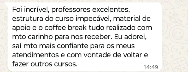 Print de WhatsApp com o depoimento de Alessandra Bortoluzzi sobre o curso Preenchimento Avançado