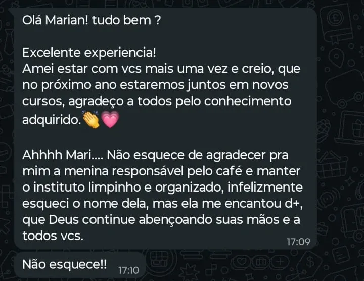 Print de WhatsApp com o depoimento de Andreia sobre o curso Preenchimento Avançado