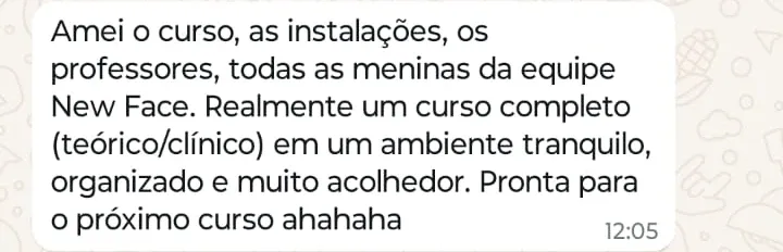 Print de WhatsApp com o depoimento de Carolina Mariano sobre o curso Preenchimento Avançado