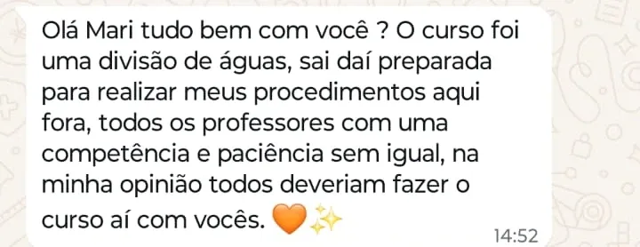 Print de WhatsApp com o depoimento de Chaiane sobre o curso Preenchimento Avançado