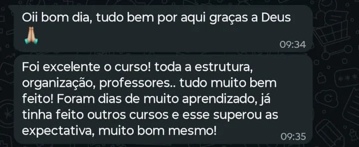 Print de WhatsApp com o depoimento de Jéssica sobre o curso Preenchimento Avançado