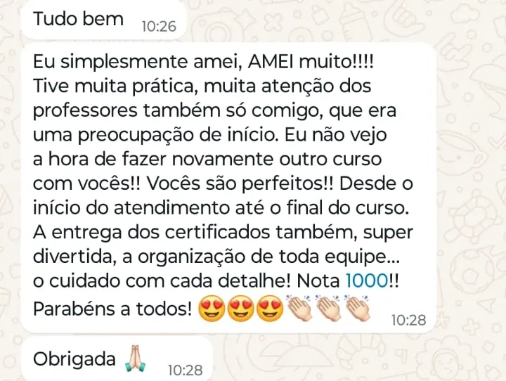 Print de WhatsApp com o depoimento de Julia Viertel sobre o curso Preenchimento Avançado