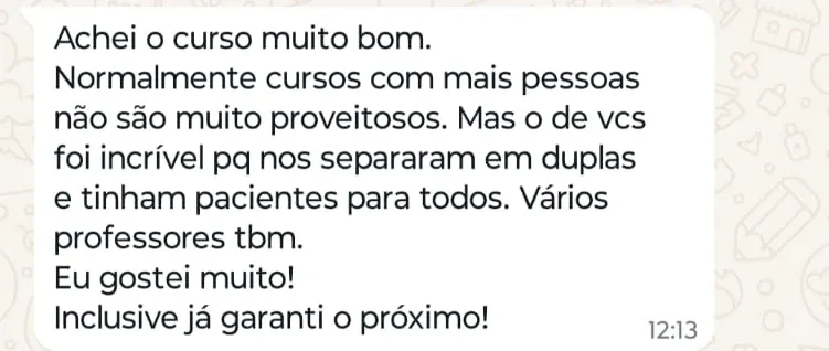 Print de WhatsApp com o depoimento de Juliana Alberton sobre o curso Preenchimento Avançado