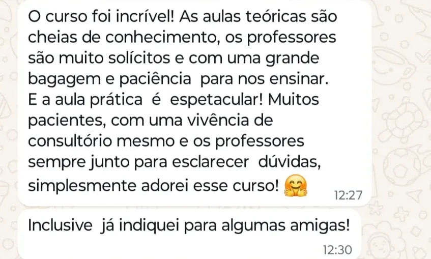 Print de WhatsApp com o depoimento de Keila Lupatini sobre o curso Preenchimento Avançado