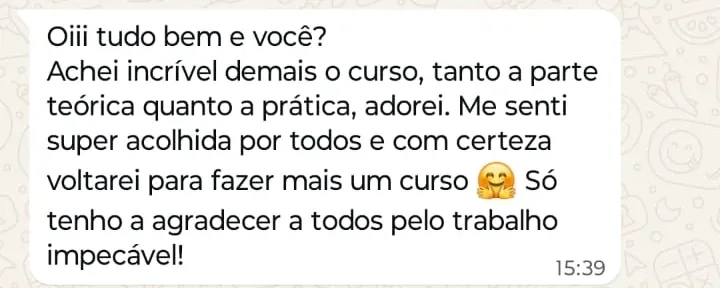Print de WhatsApp com o depoimento de Naiéli Borsoi sobre o curso Preenchimento Avançado