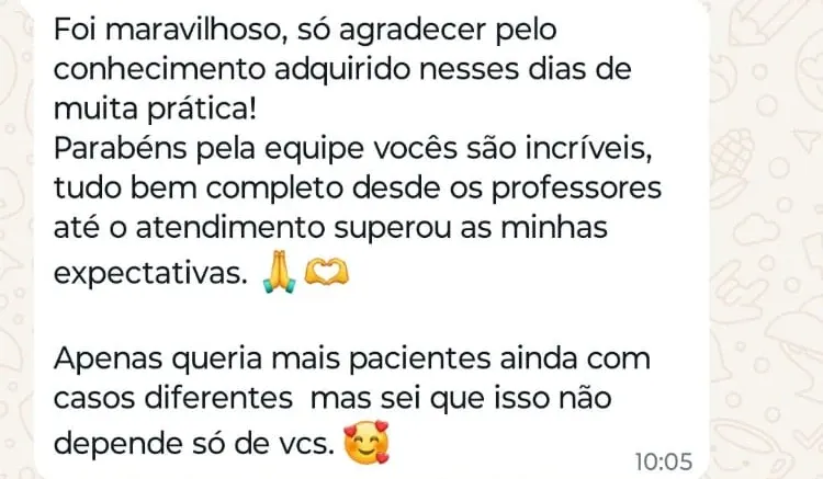 Print de WhatsApp com o depoimento de Samira de Prá sobre o curso Preenchimento Avançado