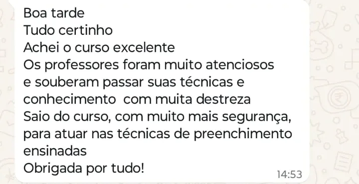 Print de WhatsApp com o depoimento de Silvia Macedo sobre o curso Preenchimento Avançado
