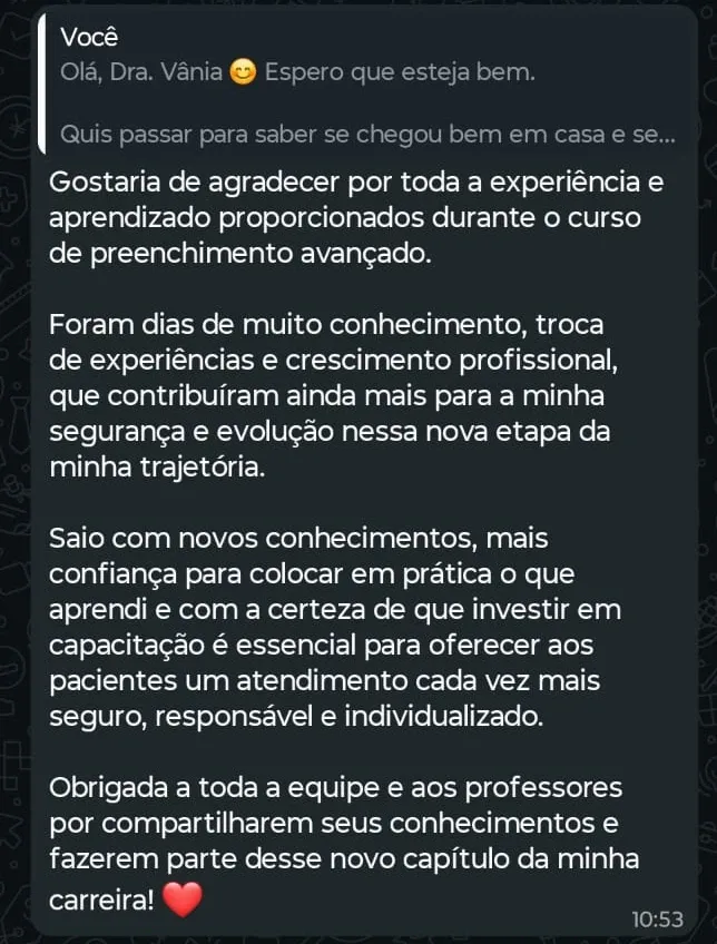 Print de WhatsApp com o depoimento de Vânia sobre o curso Preenchimento Avançado
