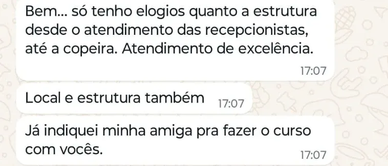 Print de WhatsApp com o depoimento de Vânia Dia Santos sobre o curso Preenchimento Avançado