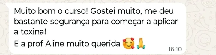 Print de WhatsApp com o depoimento de Aline Hack sobre o curso Toxina Botulínica
