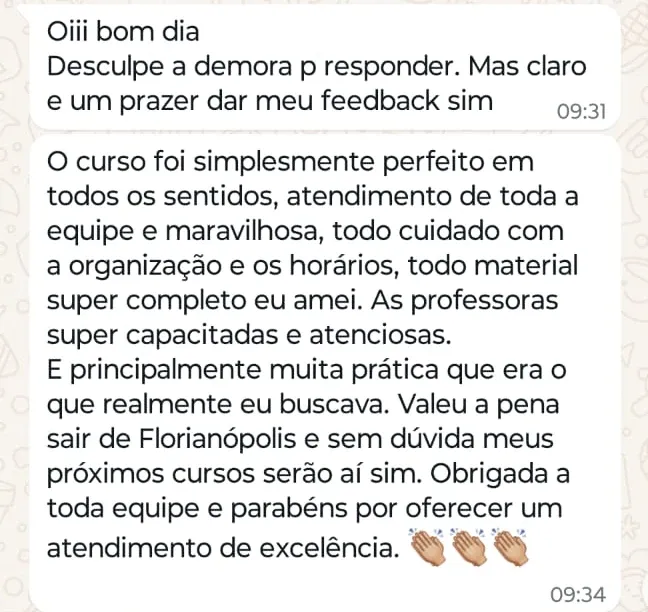 Print de WhatsApp com o depoimento de Anderliza Silva sobre o curso Toxina Botulínica