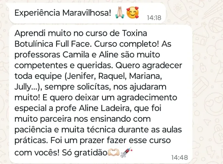 Print de WhatsApp com o depoimento de Ivone Reinehr sobre o curso Toxina Botulínica
