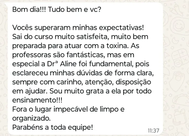Print de WhatsApp com o depoimento de Mariana Ramos sobre o curso Toxina Botulínica