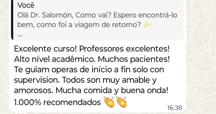 Print de WhatsApp com o depoimento de Salomón sobre o curso Toxina Botulínica