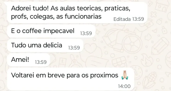 Print de WhatsApp com o depoimento de Victoria Lopes sobre o curso Toxina Botulínica